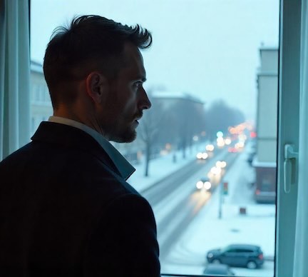 A handsome middle-aged man looking outside of a hotel window during a snowy afternoon.